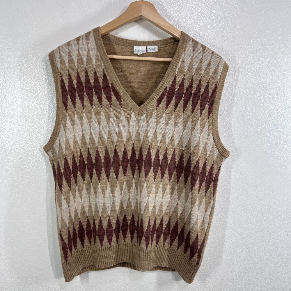 Vintage Mister Man Argyle Sweater Vest XL Brown Tan‎ Wool Blend V Neck Retro 80s